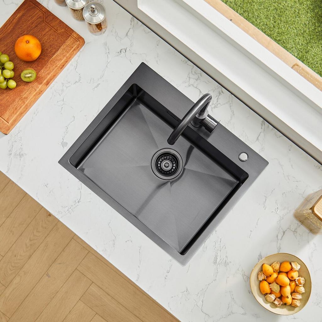 55cm Kitchen Sink Topmount Single Bowl Drop-In Basin Stainless Steel Black