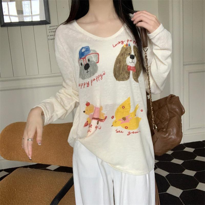Cartoon printed long-sleeved T-shirt women's spring new large-size inner top bottoming shirt tide