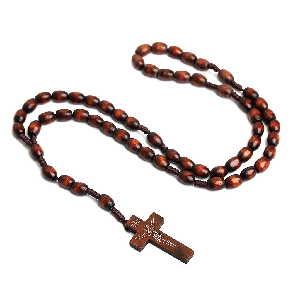 Nuevo Colgante de Coche con Cruz de Cuentas de Madera Para Mujeres Hombres Católico Cristiano Religioso Jesús Rosario Joyería Regalo