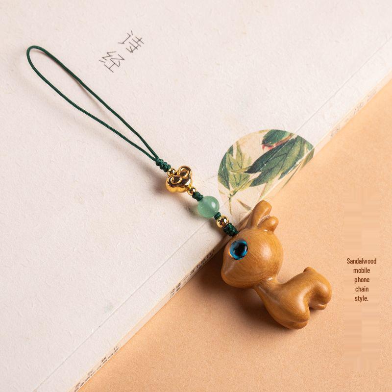 Deer Road Sandalwood Keychain: Cute Deer Pendant Lanyard for Phones - Creative Gift for Men & Women