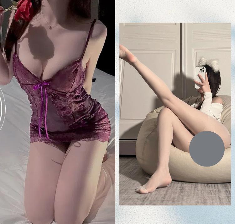 Sex Lingerie Purple Suspender Pajamas Women's Suit Sexy Transparent Lace Uniform Seduction Cosplay See-through Outfit