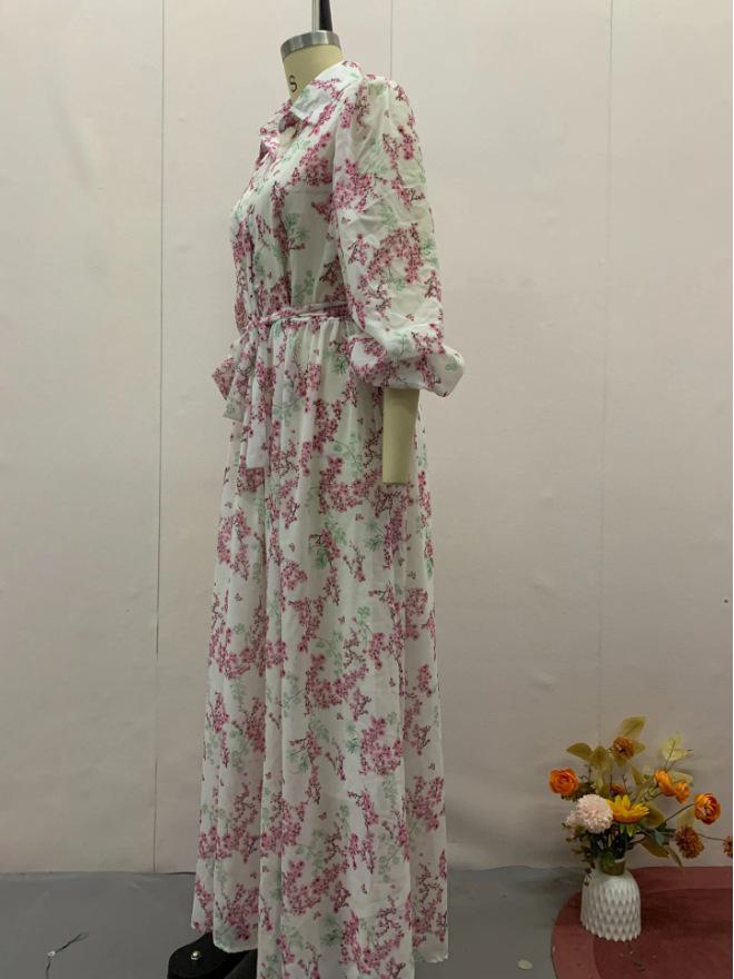 2024 Autumn European & American Gentle Lace-up Waist Slimming Floral Maxi Dress
