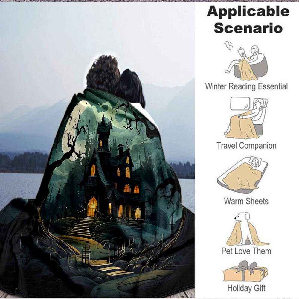 1pc Haunted House Moonlit Night Blanket, Lightweight Flannel Throw Blanket for Sofa, Bed, Travel, Camping, Living Room, Office, Couch, Chair, and Bed
