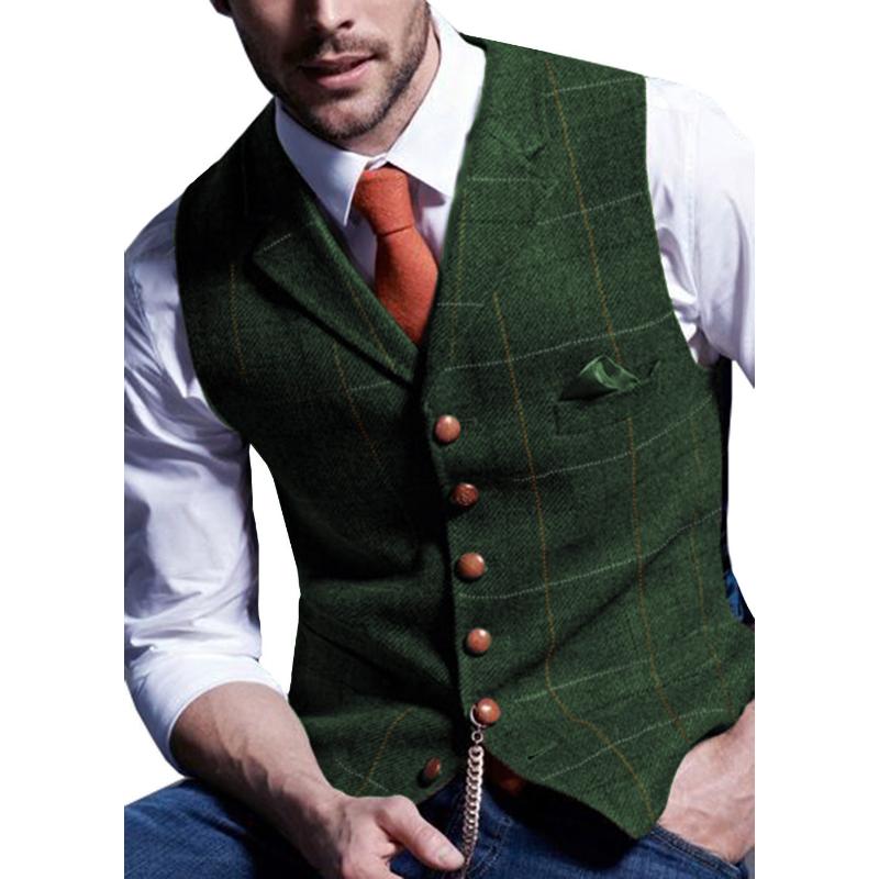 Brown Casual Gentleman Men's Vest Plaid Jacket Tweed Business Waistcoat for Wedding Best Man