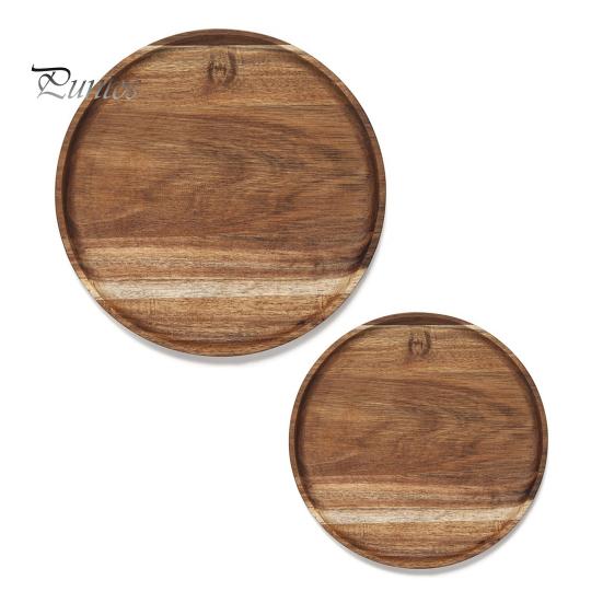 Wooden Cake Platter & Fruit Tray Circular Decorative Coffee Table Tray with Raised Edges Kitchen Serving Platter for Parties