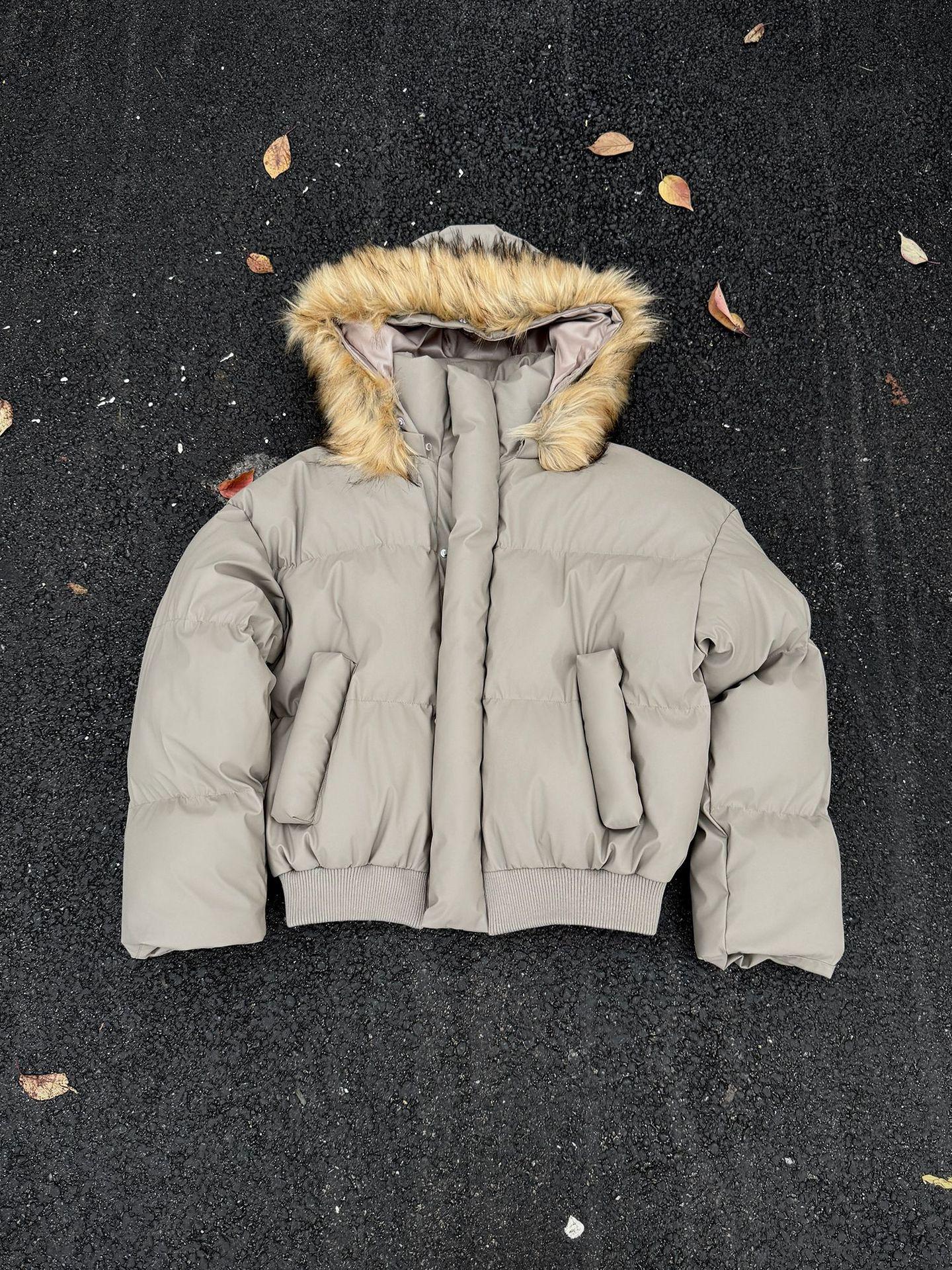 

American High Street Detachable Fur Collar Hooded Cotton Winter Jacket XL