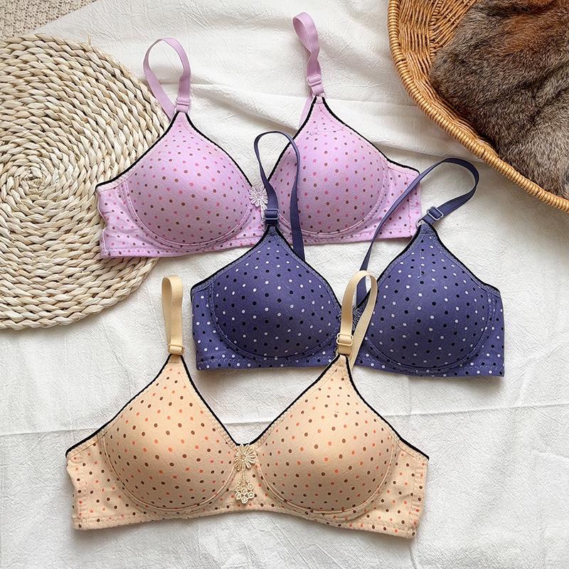 Polka Dot Wireless Push-up Bra - Women's Comfort with Two Rows of Hooks