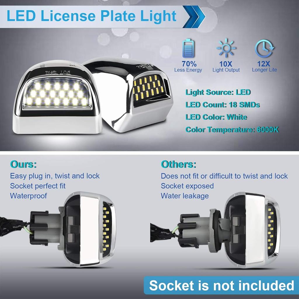 LED License Plate Light Lamp Assembly Chrome Housing Compatible With 1999-2013 Chevy Silverado GMC Sierra Suburban Avalanche Tahoe Yukon 6000K White,