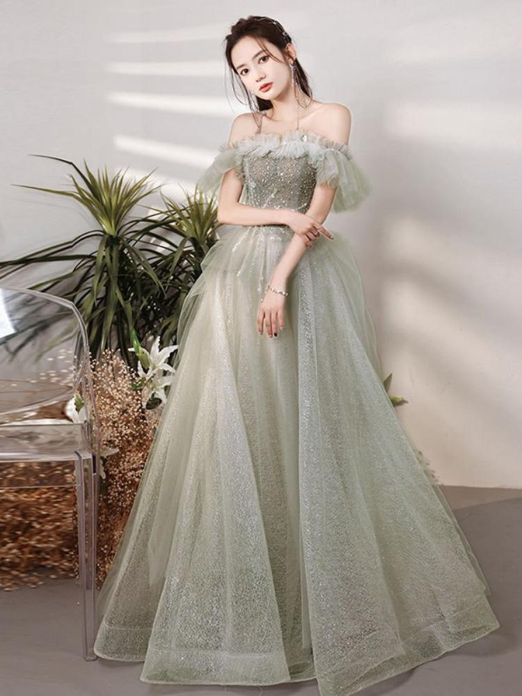 Green Evening Dress 1011 New Shoulder Small Skinny Host Temperament Fairy Mori Adult Dress Skirt
