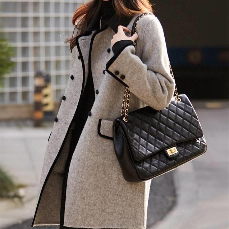 Autumn and Winter Women's 3XL Coat Retro New Fashion Double-breasted Casual Mid-length Temperament Contrasting Small Lapel Woolen Coat for Women