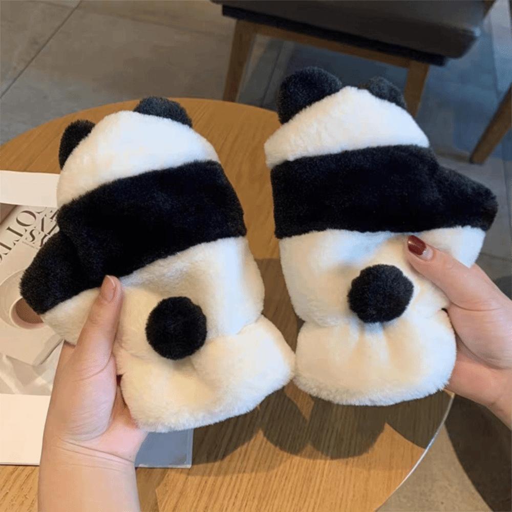 Mignons Gants Demi-Doigts Panda Dessin Animé Moufles en Peluche Nouveaux Gants Chauds Femmes