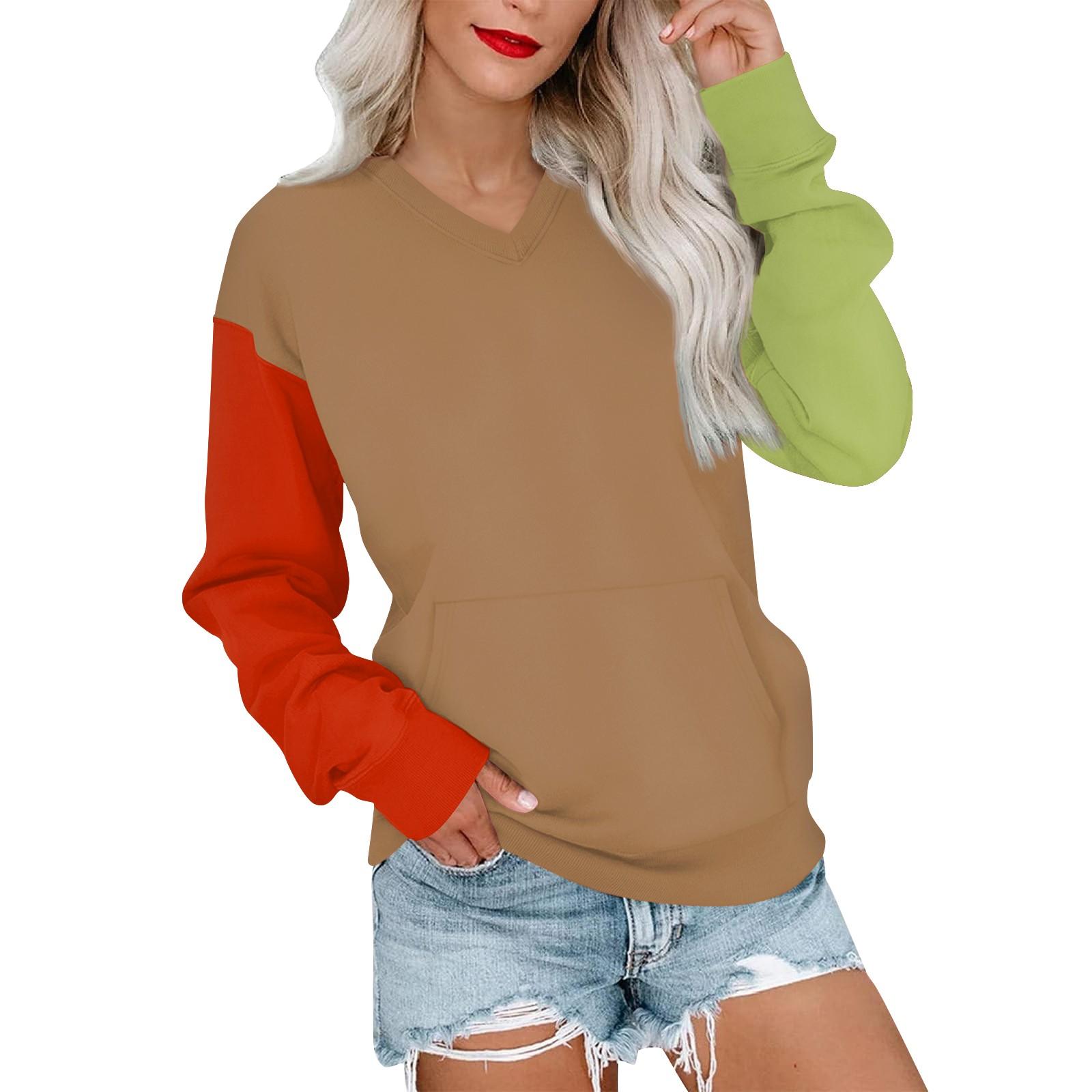 

Жіночий повсякденний модний світшот з V-подібним вирізом, довгим рукавом та кольоровим блокуванням, легкий пуловер з кишенями XXL червоний