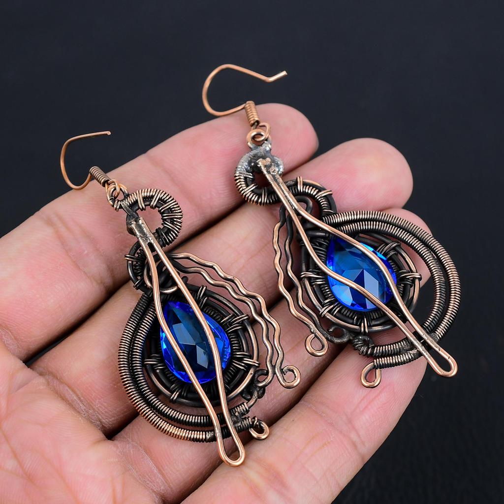 London Blue Topas 999 Kupferdraht umwickelte Ohrringe, Handgefertigter Edelstein-Ohrschmuck, Geschenke für Ehefrau Brandneue Ohrringe