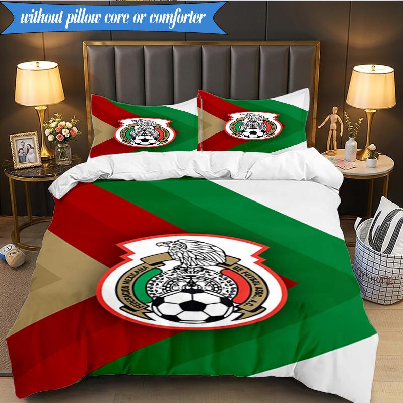 3PCS Mexico Football Team Emblem Printed Soft Bedding Set,Including 1pc Duvet Cover And 2pcs Pillowcases Perfect for Bedroom, Dormitory, Fan gift