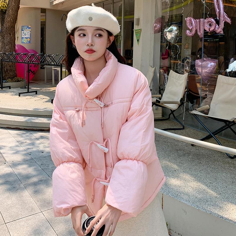 New Cotton Coat for Women Short Fashionable Horn Button Bread Suit Winter Loose Stand Collar Thickened Cotton Jacket