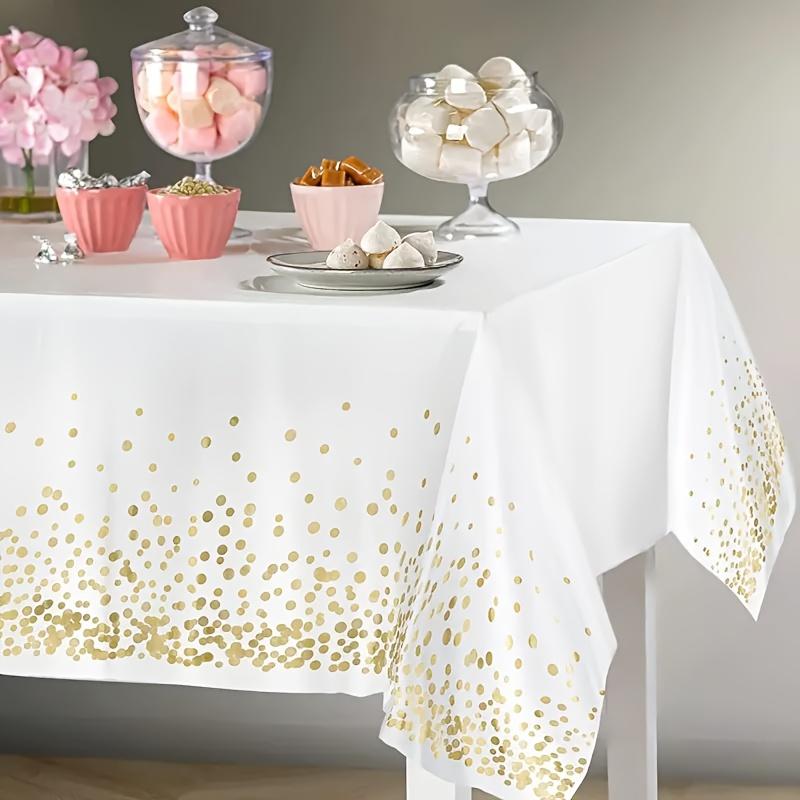 6pcs Premium Disposable Tablecloths, White with Golden Dots, & Leak-Proof, 54 X 108 Inches, Rectangular Plastic Table Covers for Parties, Weddings