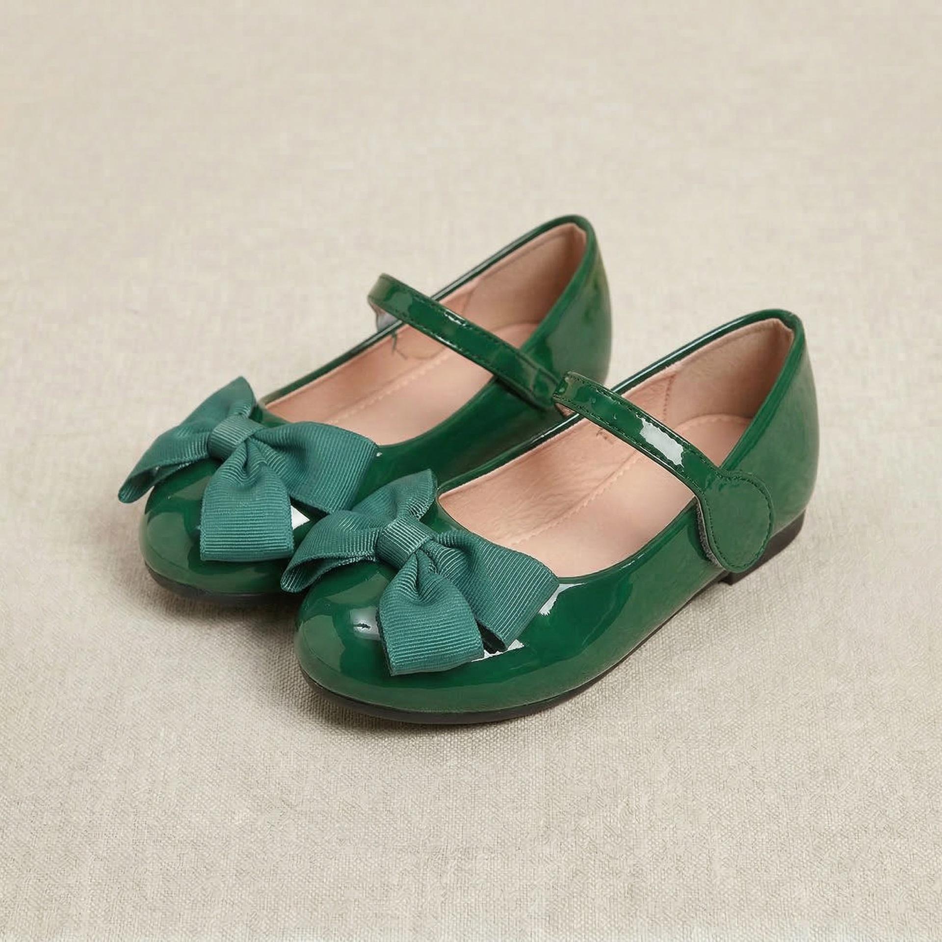 Chic Girls Leather Flats with Stylish Bow and Velcro Strap 33 зелёный
