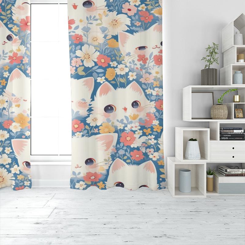Cartoon Cat -2pcs- Printed Curtain,100% Polyester Material, Suitable for Home Decoration