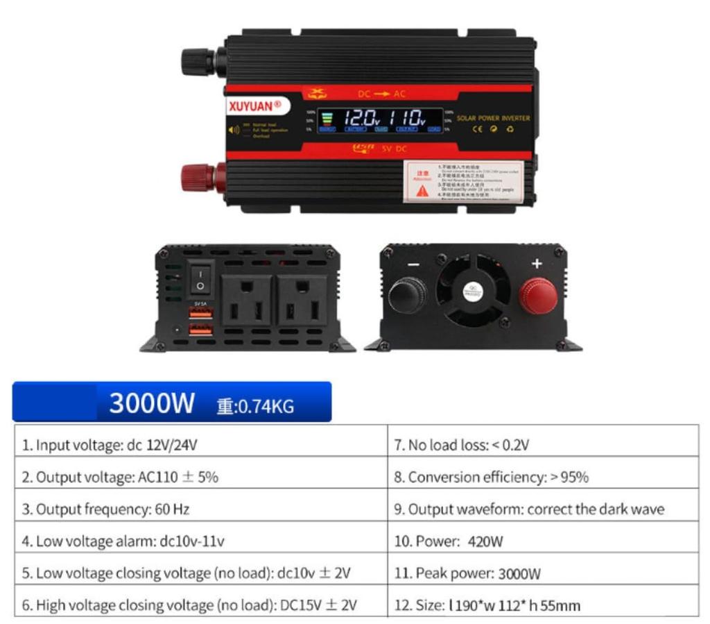 ZMBJ Power Inverter 1000w/3000W/4000W/6000W Car Converter DC12V/24V to 110V Ac