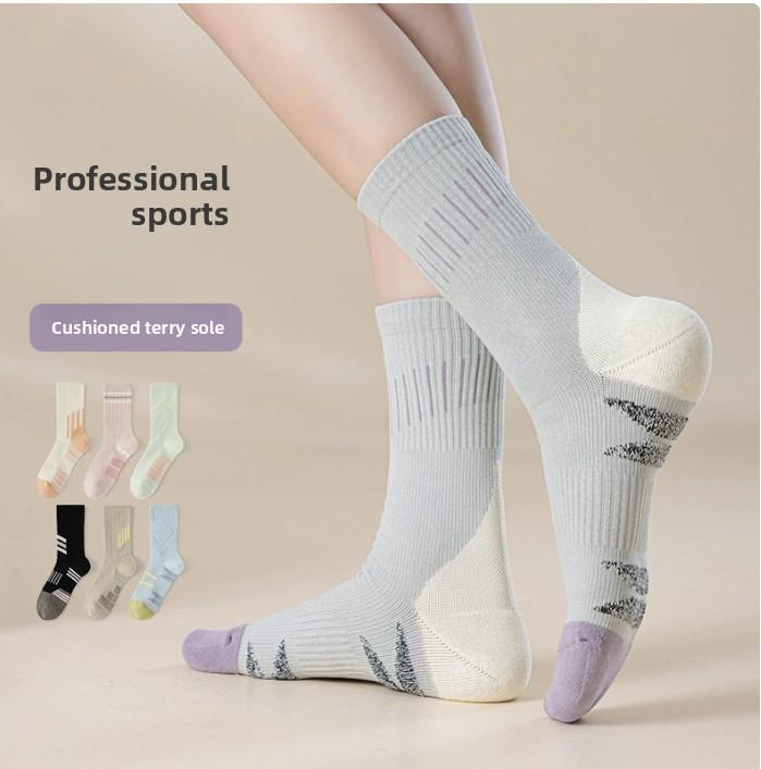 Women's Mid Crew Running Socks Color Block Hand-linked Seamless Non-slip Antibacterial Deodorant Cushion Sports Socks