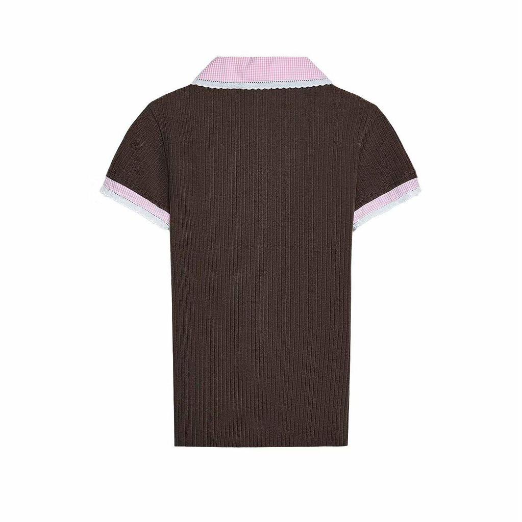 2025 European & American Style Women's Spring Ribbed T-Shirt with Turn-Down Collar