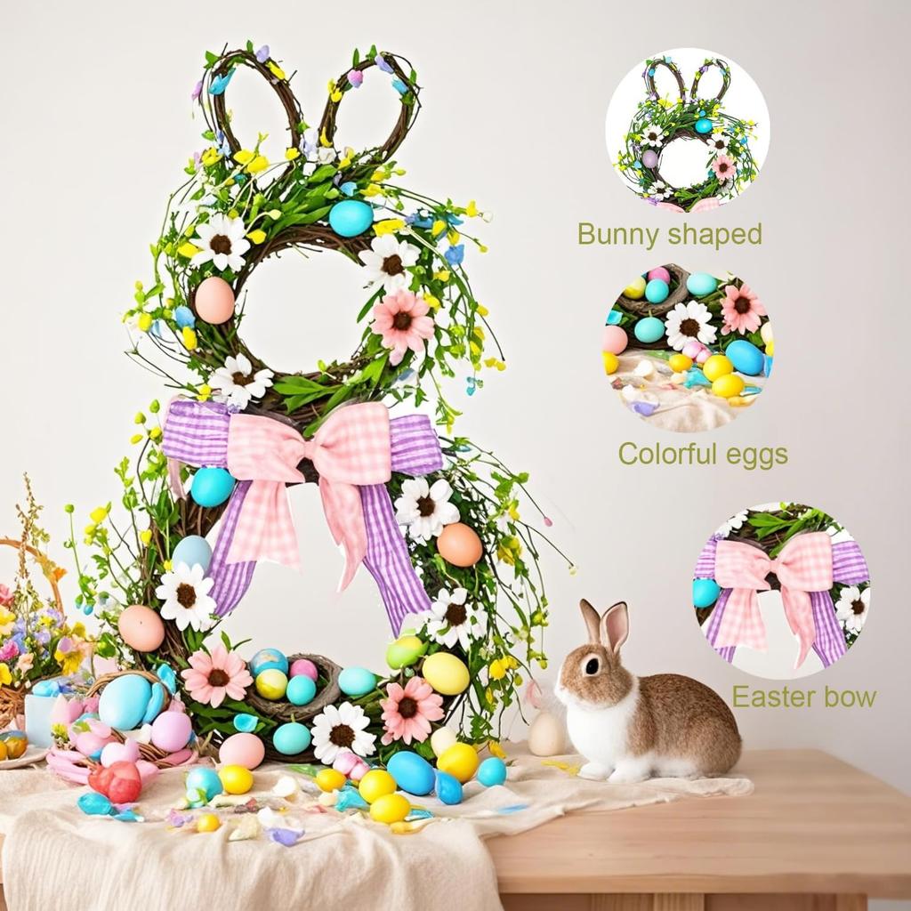 25 Inch Easter Bunny Wreaths for Front Door Decoration,Easter Door Wreath with Pastel Eggs Artificial Floral Decorations for Home Indoor Outdoor