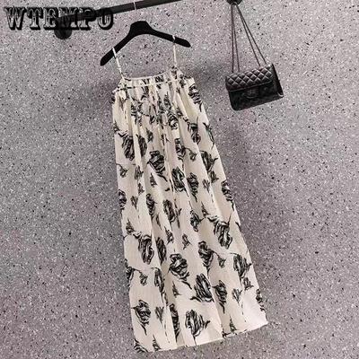 Women's Dress Gentle Retro Ink Print Temperament Halter Dress Niche Design Loose Skinny Dress Plus Size
