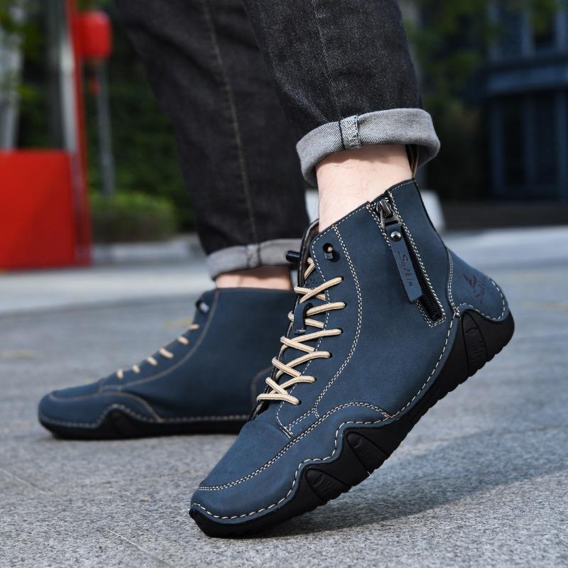 Handmade Men Shoes Side Zip Fashion Ankle Boots Breathable Comfortable High Top Casual Shoes Retro Leather Men Sneaker Mew