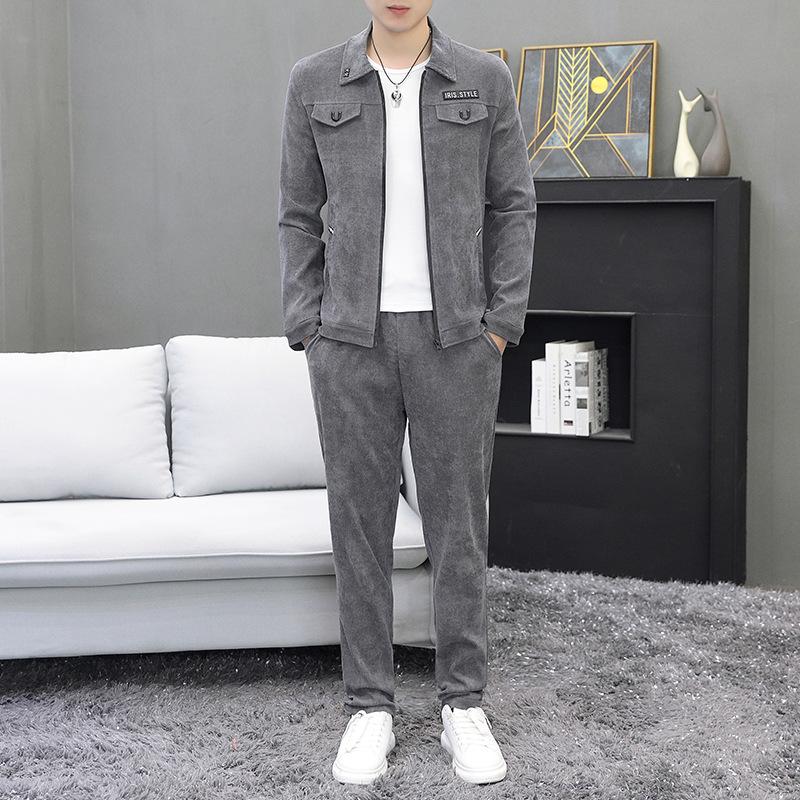 Men Autumn  Casual Track Suit Corduroy Sets Two Piece Long Trousers and Jakcet Clothing Men  Pockets Suits