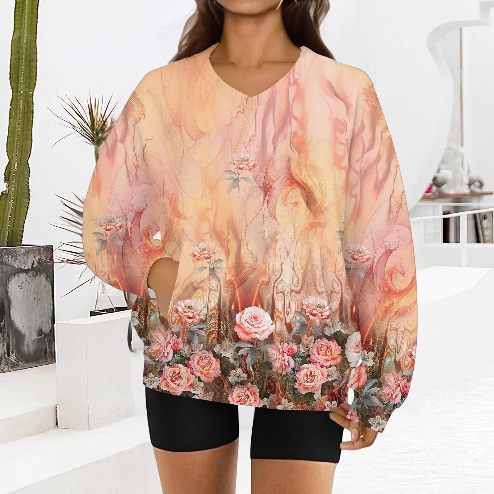 

Женский модный ретро свитшот с длинными рукавами и V-образным вырезом с цветочным принтом XXL