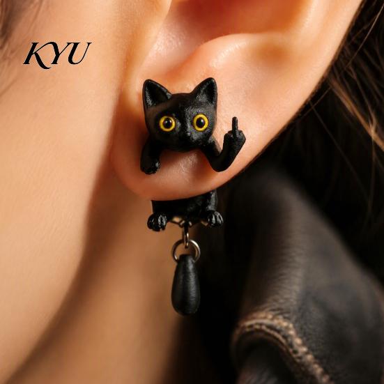 Lustige schräge Alltagsaccessoires 1 Paar Schwarze Katze Mittelfinger Ohrringe für Damen, 3D-gedruckte niedliche matte Textur Tierohrringe, Lustiger Gothic Front