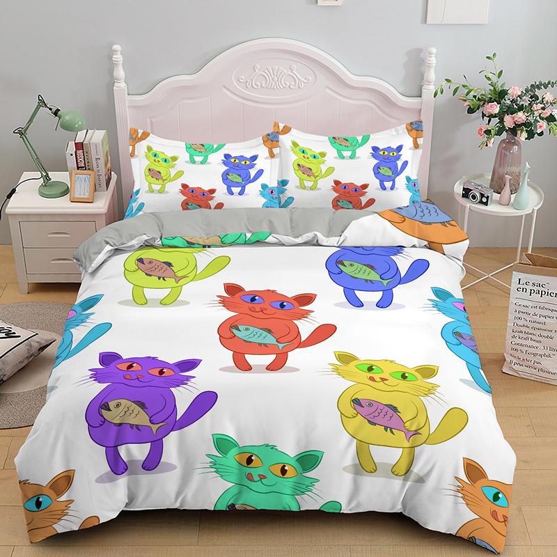 3D Kinder Katzen Bettwäsche Set Einzelbett Grün Cartoon Katzen Bettwäsche Für Kinder Jungen Mädchen Tiermotiv Niedliches Kätzchen Muster 2/3tlg.