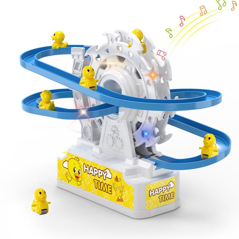 You Can Control The Lighting And Music, The Little Yellow Duck Ferris Wheel Climbs The Stairs, And The Children'S Electric Track Slide Toy.