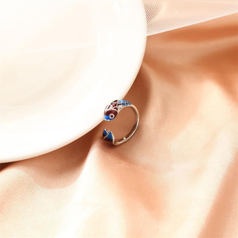 Vintage Lucky Koi Fish Cyprinoid Open Ring For Women  Silver Color Copper Metal Female Rings Party Jewelry Gifts