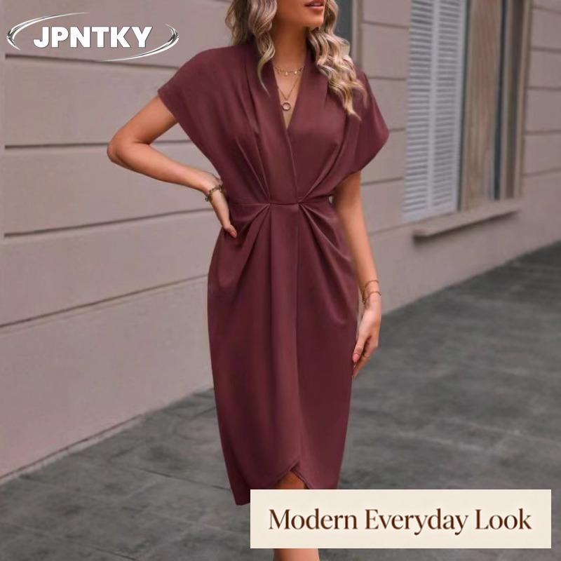 JPNTKY Women's Fashion Summer Spring Solid Color Print V-Neck Short Sleeve Casual Dresses