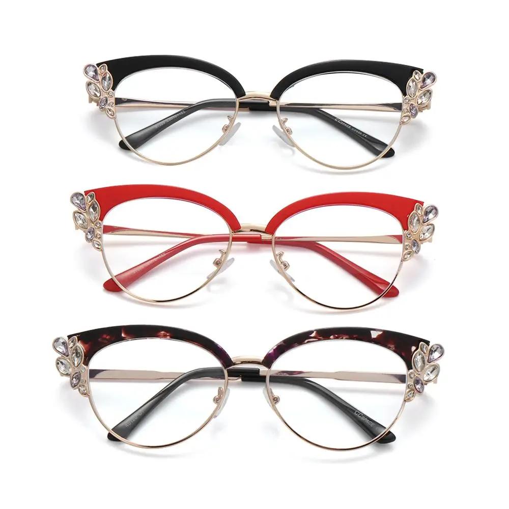 Fashion Style Luxury Design Diamond-studded Anti-blue Glasses Women's Vintage Style Cat Eye Eyeglasses Glasses Frame Trend Personality Flat Mirror