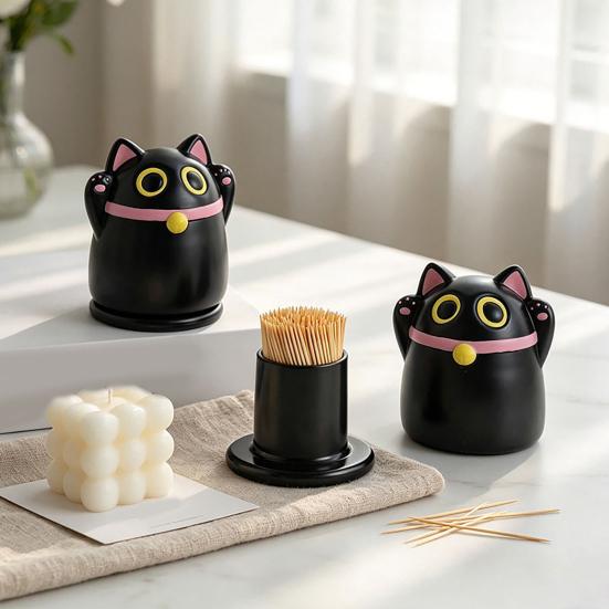 Black Fortune Cat Toothpick Holder Large Capacity Dust-Proof Covered Toothpick Storage Box Kitchen Toothpick Dispenser Container with Lid