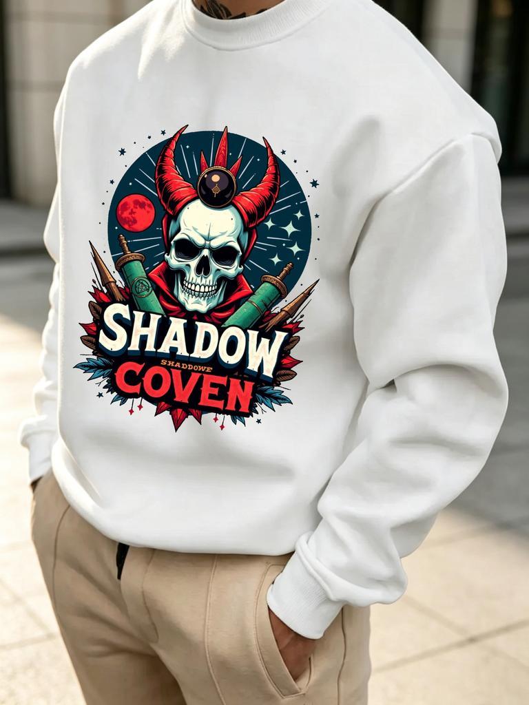 Men's Vintage Graphic Print Crew Neck Sweatshirt, Christmas and Halloween Pattern, Shadow Coven Skull with Red Horns and Crossed Daggers Art