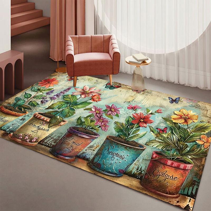 

Vintage Garden Potted Flower Rug Watercolor Botanical Doormat NonSlip Easy Clean Carpet for Living Room Bedroom Pet Friendly 40X60cm
