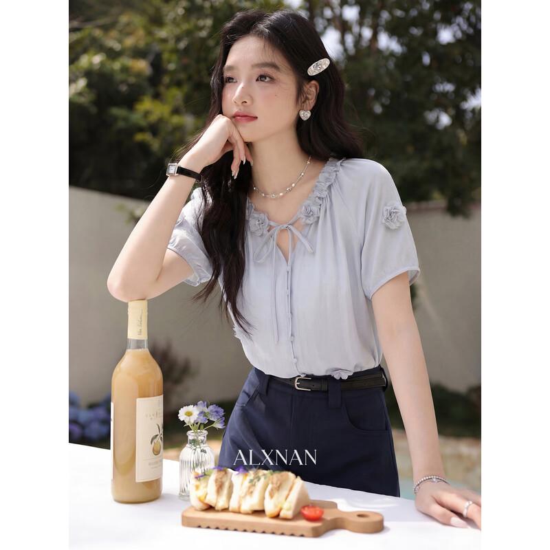 Women s French Style Blue Lace Short Sleeve Shirt S