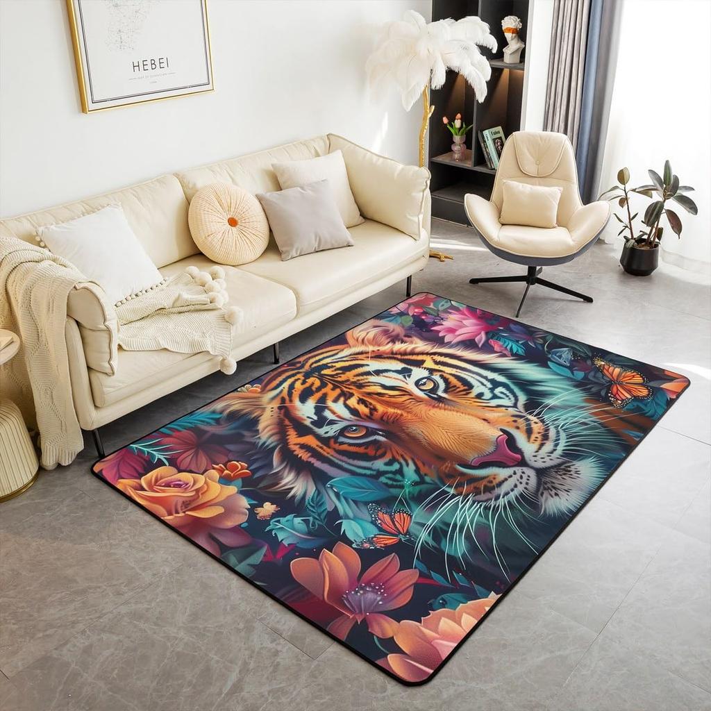Japanese Ukiyo-e Tiger & Ocean Wave Print Area Rug, Bold Non-Slip Floor Mat for Living Room Bedroom Home Decor Carpet