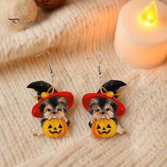 Decorative Holiday Ear Jewelry Witch Hat Puppy Earrings, Cute Dog Pumpkin Drop Lightweight Acrylic Jewelry, Halloween Accessories for Women