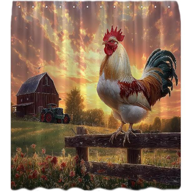 Rustic Chicken Shower Curtain Farmhouse Rooster Retro Wooden Fence Sunset Sunrise Wood Barn House Vintage Country Farm Animal Fabric Curtain with