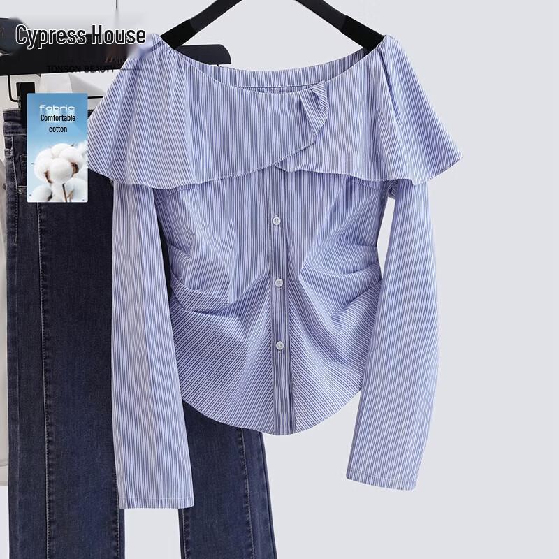 Women s Off-Shoulder Ruffle Striped Long Sleeve Blouse L