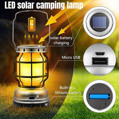 Solar Lantern Waterproof Camping Lantern Rechargeable Camping Light with Emergency Power Bank Flickering Flame Hanging LED Light