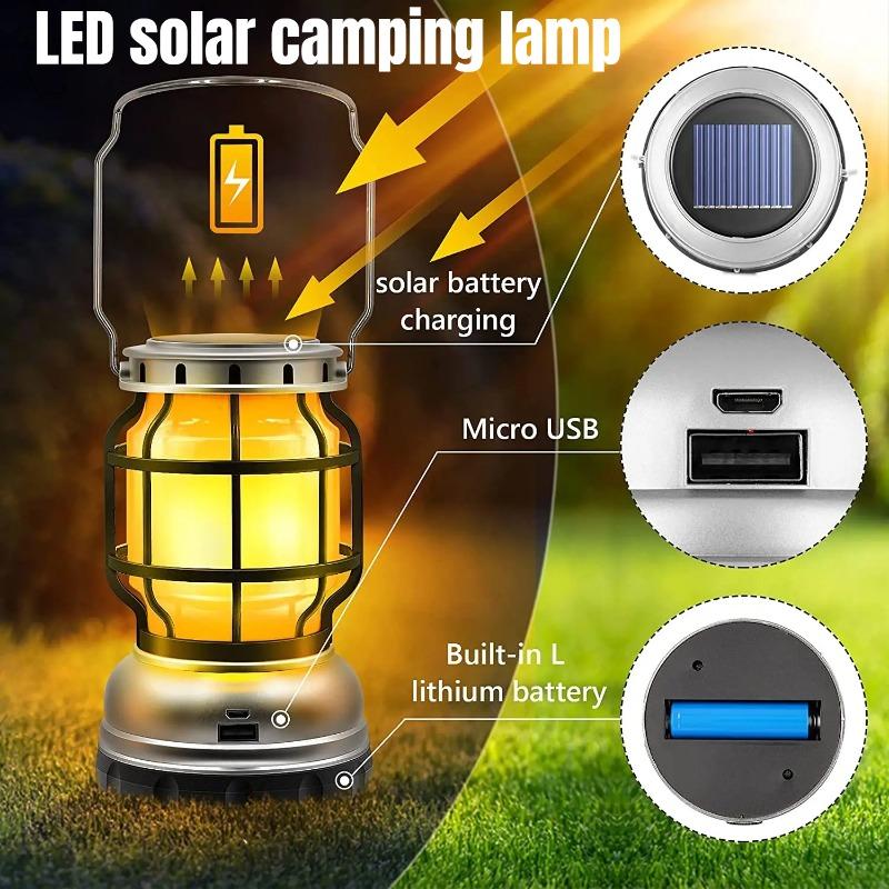 Solar Lantern Waterproof Camping Lantern Rechargeable Camping Light with Emergency Power Bank Flickering Flame Hanging LED Light