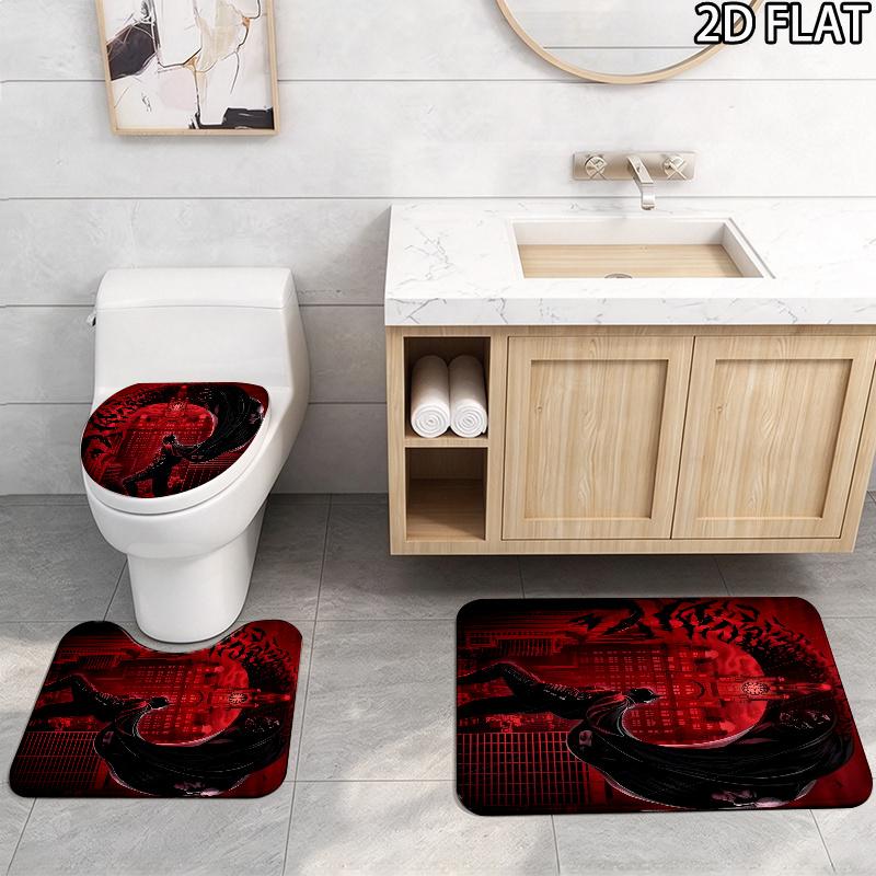 3pcs Black and Red Batman Pattern Flannel Nonslip Absorbent Washable Decorative Bathroom Home Toilet Seat Cover Mat