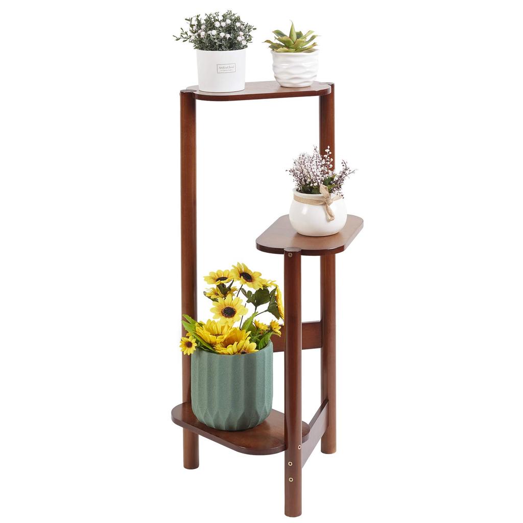Flower Gardening Ornamental Display Flower Potted Plant Vase Dark Garden Rack Stand, Wooden, 3-tier, Walnut, Indoor, Rack, Plant, Shelf, Stand,