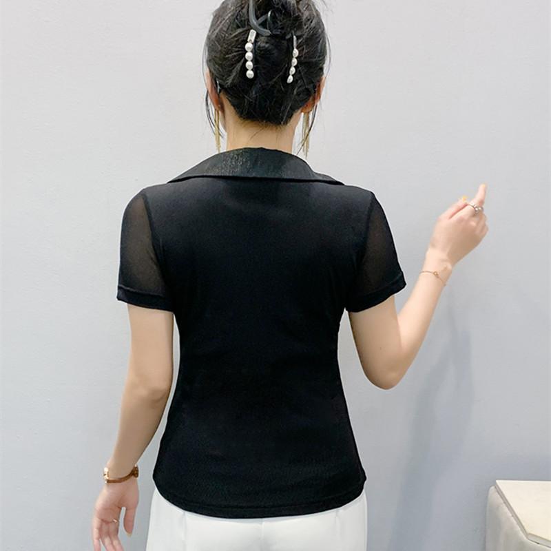 Women New Fashion European Summer Bling T-Shirt Clothes Sexy V-Neck Short-Sleeve Casual Tees Shiny Hot Diamonds Mesh Slim Tops Blouse