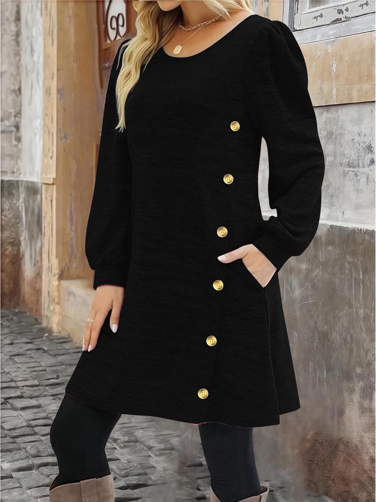 2025 Women's Solid Color Crew Neck Long Sleeve Dress with Pockets and Buttons